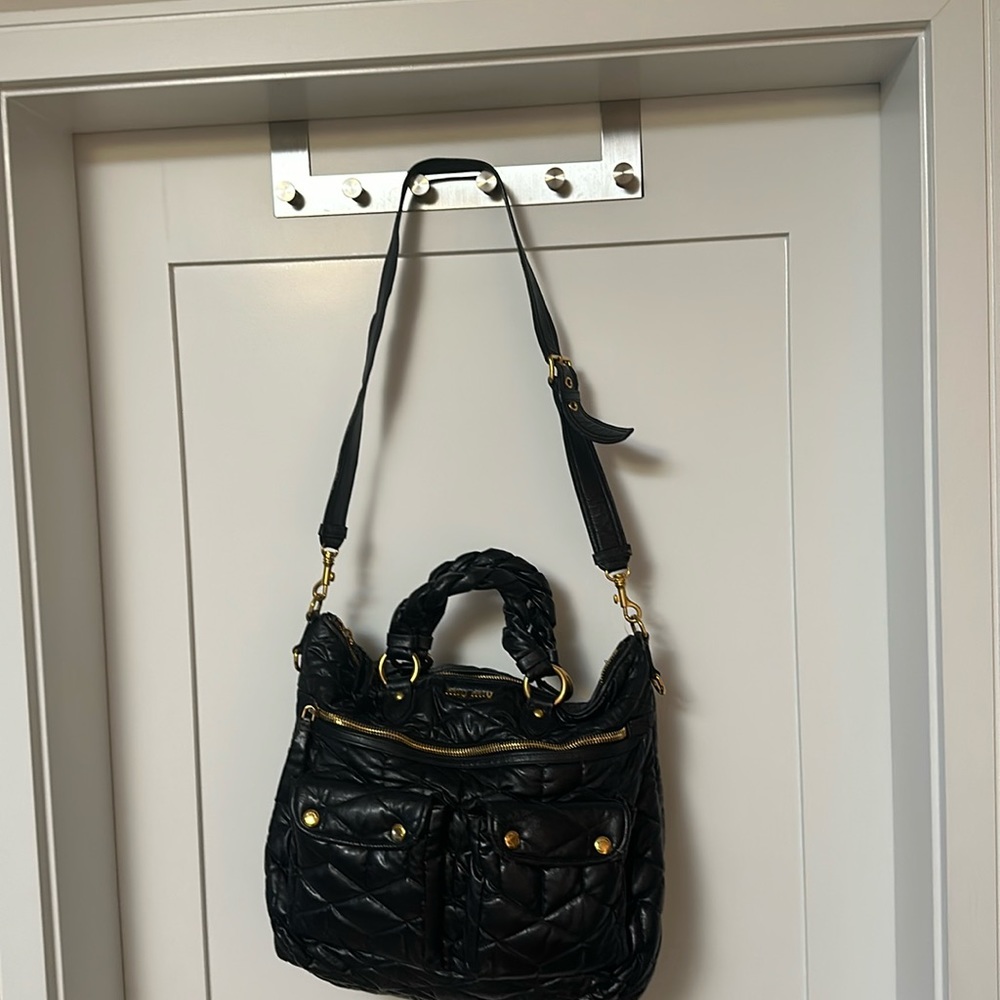 Vintage MIU MIU large black quilted matelasse tote with detachable strap